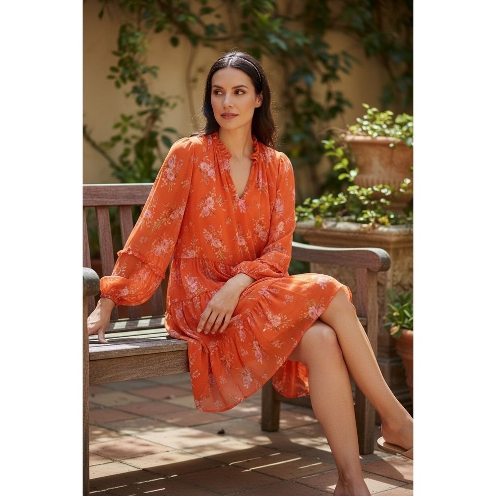 Vince Camuto Orange Floral‎ Swing Dress Long Sleeve Ruffle Cottagecore MED